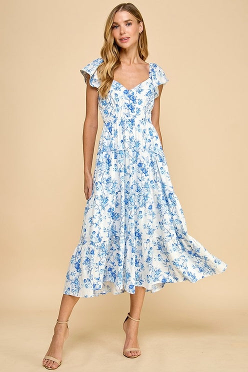 knee length dresses for ladies Olivaceous-Blue Floral Midi Dress main image 0