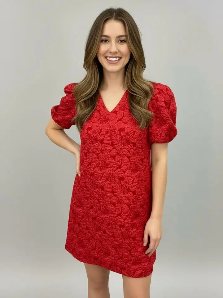 slim fit dress slacks Red Puff Sleeve Holiday Dress