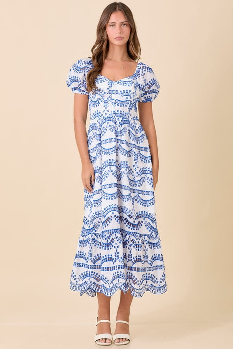 Blue Eyelet Midi Dress