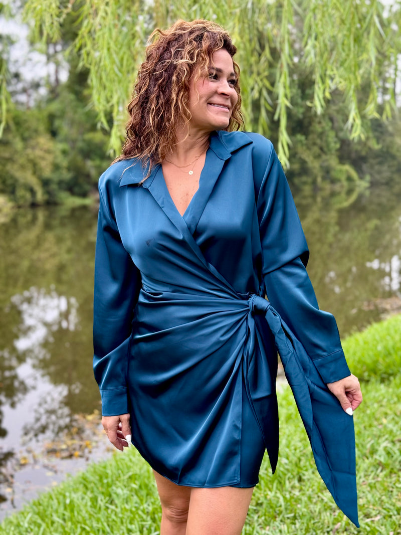 teal satin wrap dress Unique Vintage Teal Floral Brocade Wrap Midi Dress
