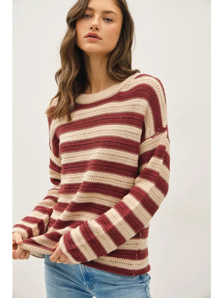Wine Long Sleeve Crochet Sweater