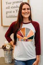 This super fun baseball tee brings color to the holiday season! We are absolutely in love with the color in this easy to wear, soft tee - Throw on a jean jacket and show everyone what you're thankful for!  52% Cotton 48% Polyester Machine Wash Warm Tumble Dry Low Baseball Tee Model Wearing Small