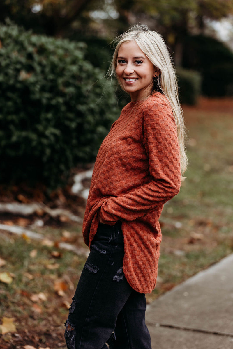 Rusted Textured Plaid Top